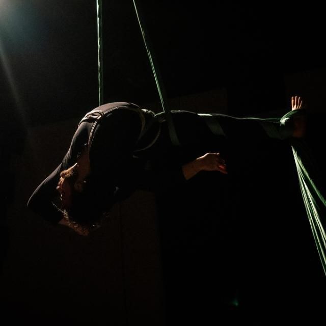 A picture of me during an aerial silks performance