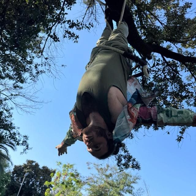 A picture of me during an aerial trapeze performance